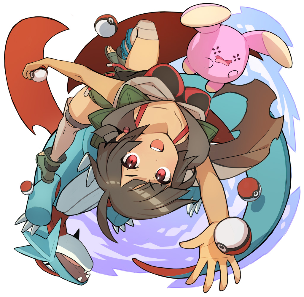 1girl ankle_boots black_hair blue_sky boots cloak grey_legwear higana_(pokemon) holding holding_poke_ball looking_at_viewer open_mouth over-kneehighs poke_ball pokemon pokemon_(creature) pokemon_(game) pokemon_oras red_eyes saitou_naoki salamence short_hair short_ponytail short_shorts shorts shoulder_pads sky thigh-highs toeless_boots upside-down whismur