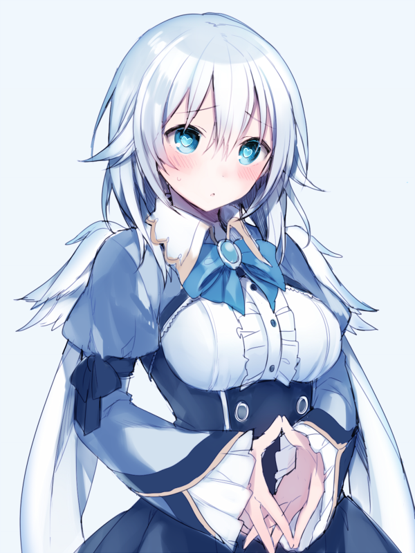 1girl :o blue_eyes blush bow bowtie breasts commentary_request dress hair_between_eyes heart heart-shaped_pupils hijiri_(resetter) long_hair long_sleeves silver_hair solo sweat symbol-shaped_pupils tareme wings