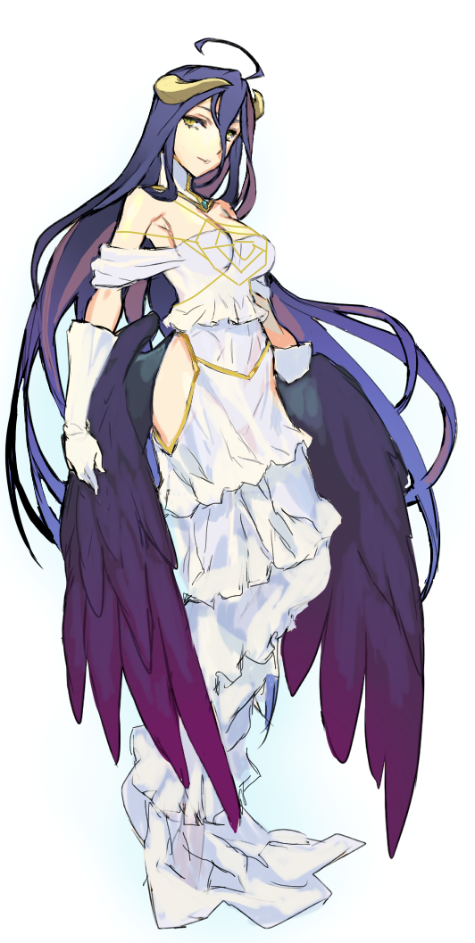 1girl ahoge albedo black_hair black_wings breasts cleavage dress feathered_wings full_body gloves horns long_hair orion_(orionproject) overlord_(maruyama) simple_background white_background white_dress white_gloves wings yellow_eyes