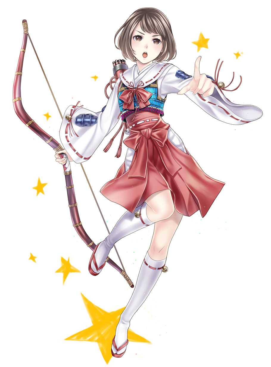 1girl archery arrow bell blush bow bow_(weapon) bowtie brown_eyes brown_hair highres holding_weapon japanese_clothes kneehighs light_background long_sleeves looking_at_viewer ohse open_mouth pointing pointing_at_viewer red_bow ribbon sandals sengoku_basara shoes short_hair simple_background socks solo star traditional_clothes tsuruhime weapon white_background wide_sleeves