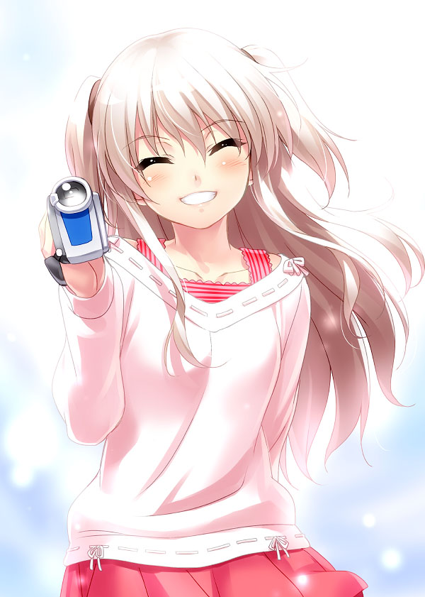 1girl ^_^ blush casual charlotte_(anime) closed_eyes grin happy long_hair ribbon-trimmed_clothes ribbon_trim silver_hair skirt smile solo tomori_nao two_side_up zen