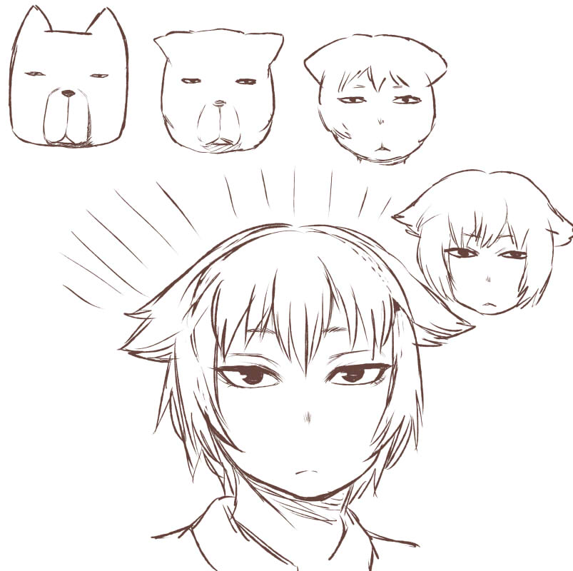 1girl emphasis_lines expressionless flat_gaze fox fuchibeppu_chiyuri light_frown look-alike monochrome original pointy_hair progression short_hair solo tibetan_sand_fox tsukudani_(coke-buta)