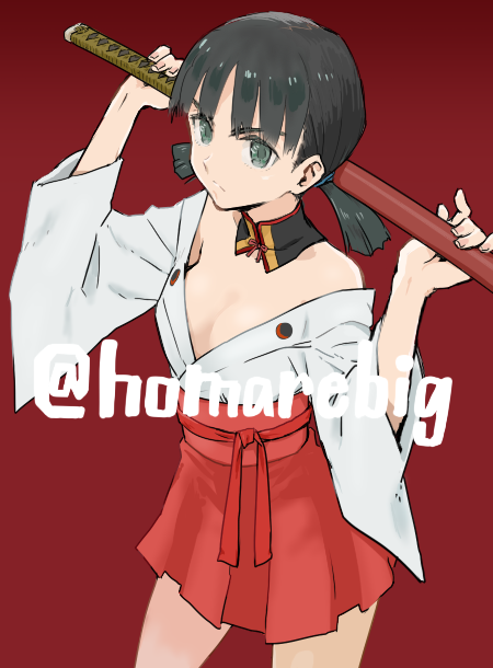 &gt;:( 1girl aqua_eyes bangs bare_shoulders black_hair breasts cleavage cowboy_shot detached_collar frown gradient gradient_background holding holding_sword holding_weapon homaredai katana kawaguchi_fumiyo long_sleeves miniskirt off_shoulder over_shoulder red_background red_ribbon red_skirt ribbon sheath sheathed short_hair short_twintails skirt solo strike_witches sword twintails twitter_username weapon weapon_over_shoulder wide_sleeves