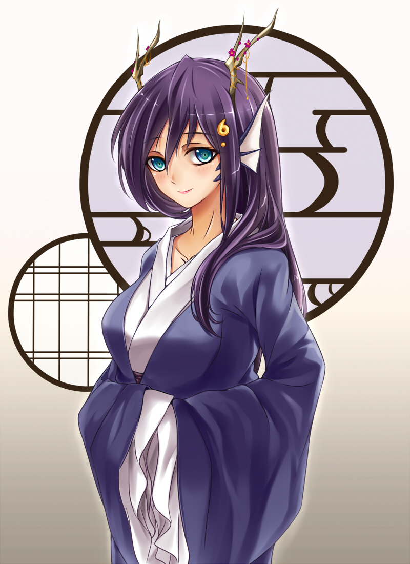 1girl aqua_eyes dragon eastern_dragon fins hair_ornament head_fins horns japanese_clothes kimono long_hair midnight_(artist) monster_girl monster_girl_encyclopedia original purple_hair ryuu_(monster_girl_encyclopedia) simple_background smile solo