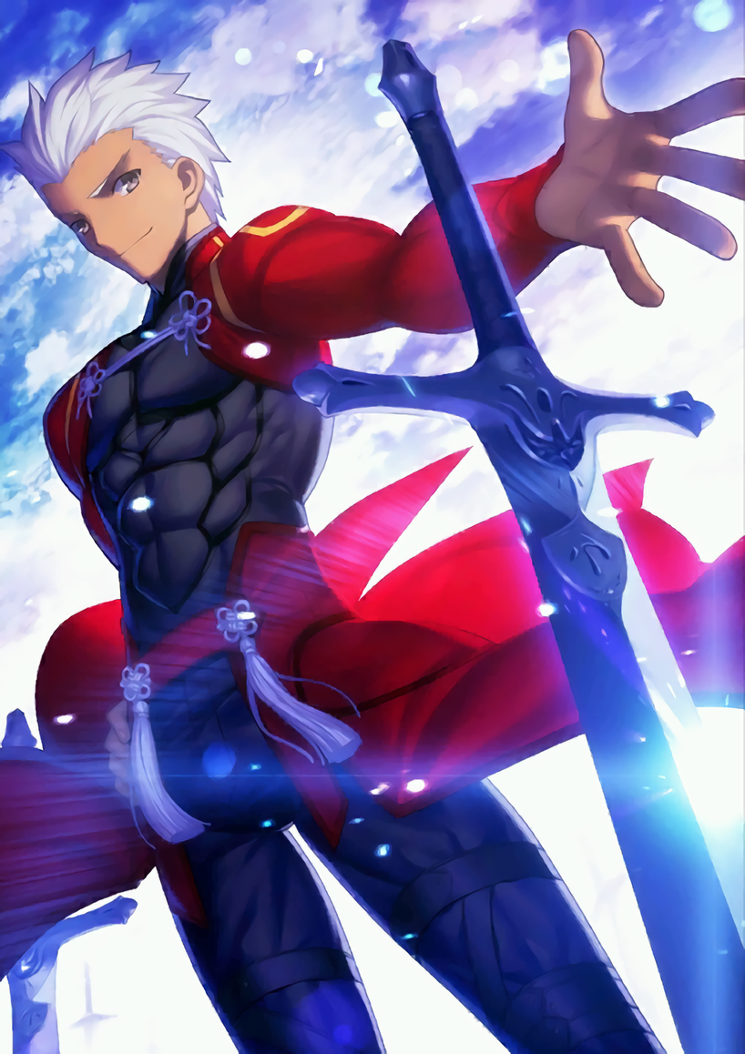 1boy archer brown_hair fate/grand_order fate_(series) looking_at_viewer silver_hair sky smile solo sword takeuchi_takashi weapon
