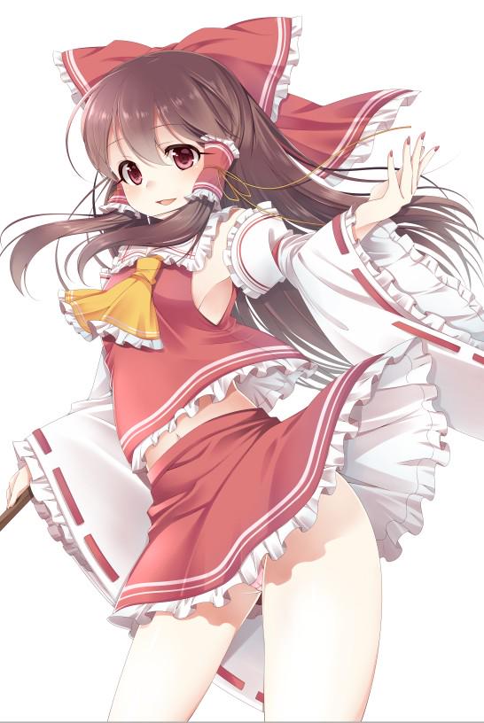 1girl :d ascot beckoning blush bow brown_hair commentary_request detached_sleeves fingernails frilled_sleeves frills gohei hair_bow hair_ribbon hair_tubes hakurei_reimu haruki_5050 hips large_bow long_hair looking_at_viewer nail_polish navel open_mouth panties pantyshot pantyshot_(standing) pink_panties red_eyes ribbon skirt skirt_lift smile solo standing thighs touhou underwear very_long_hair vest wide_sleeves wind_lift
