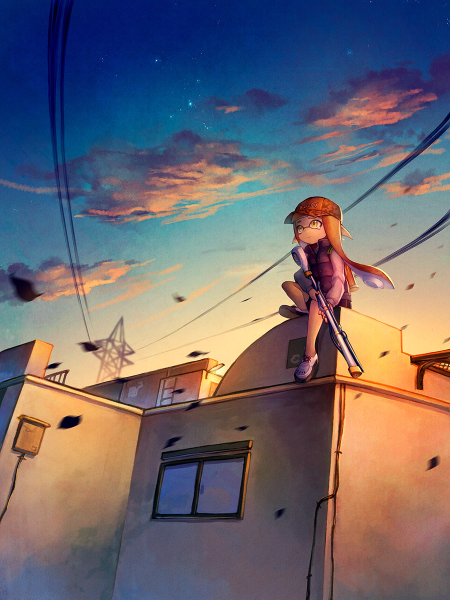1girl baseball_cap bike_shorts cable clouds domino_mask fence hat highres inkling kiitos lamppost long_hair mask pointy_ears solo splatoon tears tentacle_hair wind