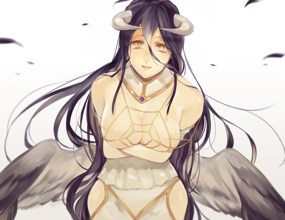 1girl 2f_sq albedo bare_shoulders black_hair black_wings breast_hold breasts cleavage demon_girl detached_collar hip_vent horns large_breasts long_hair looking_at_viewer low_wings overlord_(maruyama) parted_lips solo very_long_hair wings yellow_eyes