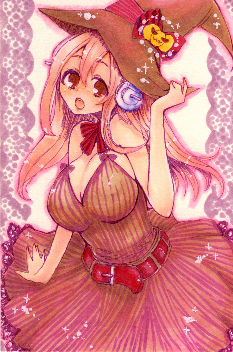 1girl bare_shoulders belt blush breasts cleavage dress hat headphones highres large_breasts long_hair looking_at_viewer nitroplus open_mouth pink_hair pumpkin red_eyes shii-ragi solo super_sonico witch_hat