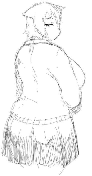 1girl ass breasts expressionless from_behind fuchibeppu_chiyuri huge_breasts looking_at_viewer monochrome original plump pointy_hair see-through short_hair sketch solo sweater_vest thick_thighs thighs tsukudani_(coke-buta)