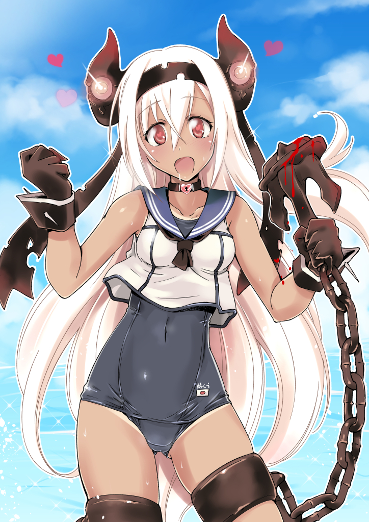 1girl :d air_defense_hime anchor bare_shoulders black_gloves blood blush breasts chain clouds collar cosplay crop_top gloves hair_between_eyes hair_ornament hairband heart horns kantai_collection long_hair looking_at_viewer onaya_masakazu one-piece_swimsuit one-piece_tan open_mouth red_eyes ro-500_(kantai_collection) ro-500_(kantai_collection)_(cosplay) sailor_collar school_swimsuit school_uniform shinkaisei-kan sky smile solo sweat swimsuit swimsuit_under_clothes tan tanline very_long_hair water white_hair