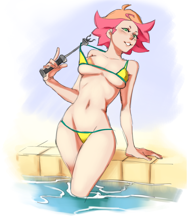 1girl amanda_o'neill bikini bikini_pull green_eyes little_witch_academia navel pink_hair short_hair solo spacedust swimsuit wand