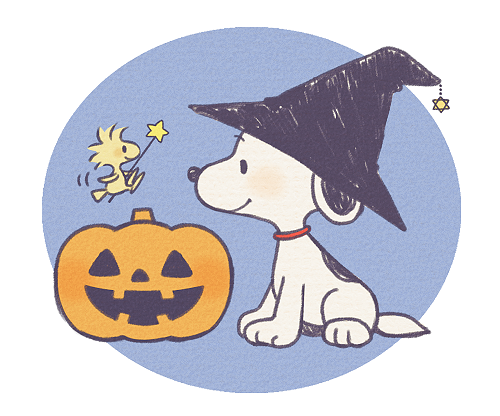 60s ayu_(mog) bird black_eyes blue_background commentary dog halloween hat jack-o'-lantern lowres no_humans official_style oldschool peanuts pumpkin simple_background smile snoopy white_background witch_hat woodstock
