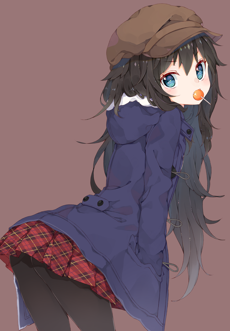 1girl arched_back bangs black_hair black_legwear blue_eyes blush brown_background cabbie_hat candy chico152 hand_in_pocket hat hooded_jacket jacket lollipop long_hair long_sleeves looking_at_viewer messy_hair miniskirt mouth_hold original pantyhose plaid pleated_skirt simple_background skirt solo sweets