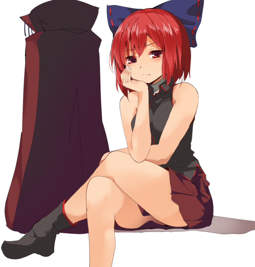 1girl bandages blush boots cape cape_removed crossed_legs hair_ornament hair_ribbon hasebe_yuusaku looking_at_viewer red_eyes redhead revision ribbon sekibanki shirt short_hair simple_background sitting skirt sleeveless solo touhou white_background