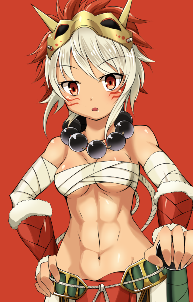 1girl abs bandages blush breasts cleavage facial_mark fire_emblem fire_emblem_if fur_trim jewelry mask_on_head midriff navel necklace open_mouth red_background red_eyes rinka_(fire_emblem_if) sarashi shira_yu_ki simple_background solo weapon white_hair