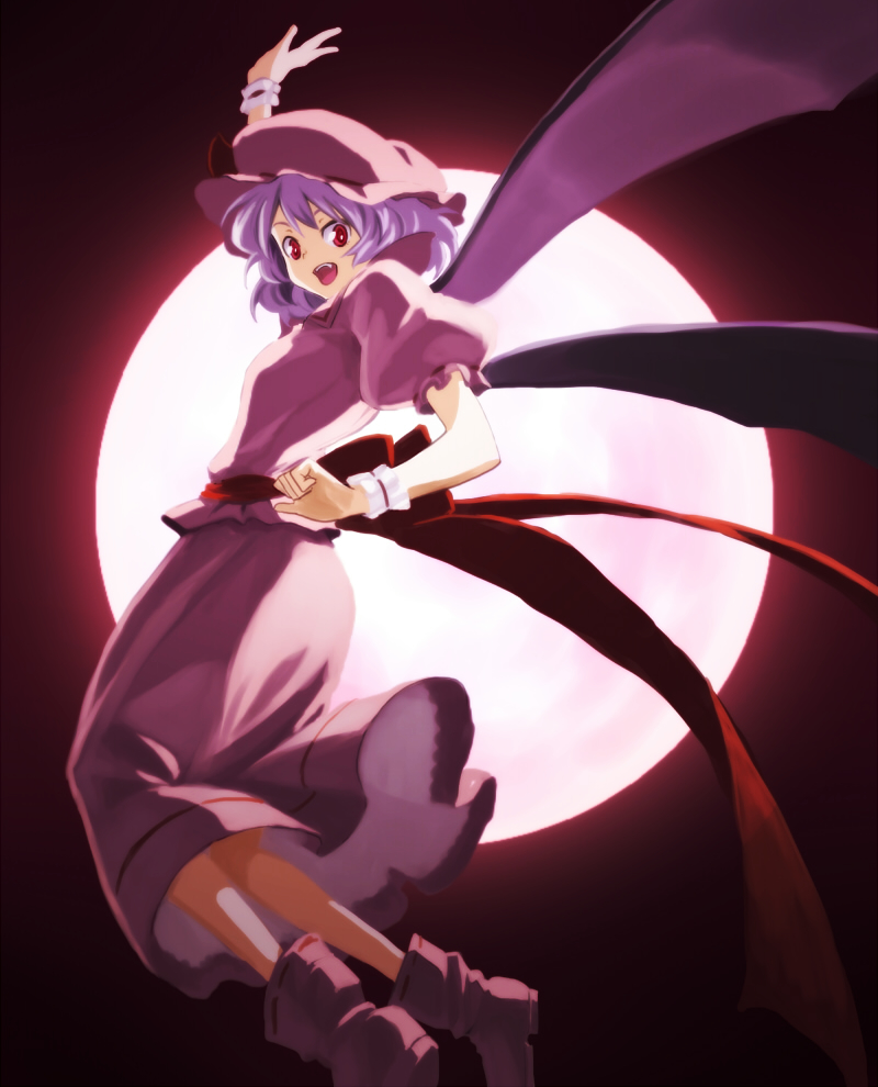 1girl :d ankle_boots blouse blush boots commentary_request fang hat long_skirt mob_cap moon open_mouth pose purple_hair red_eyes red_moon remilia_scarlet sash shiratama_(hockey) short_hair skirt smile solo teeth touhou wings wrist_cuffs