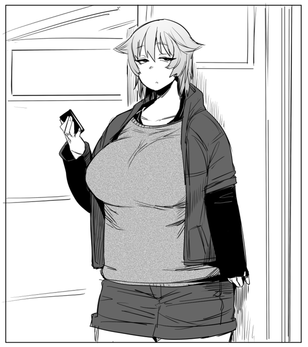 1girl :o breasts cellphone fuchibeppu_chiyuri fukumaaya half-closed_eyes huge_breasts jacket original phone plump pointy_hair shorts smartphone solo sweater undershirt