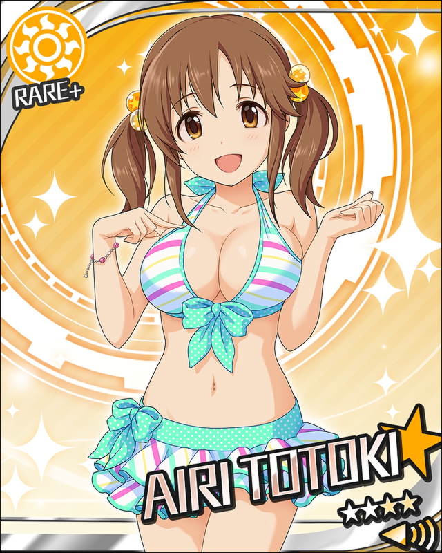 1girl artist_request bracelet breasts brown_eyes brown_hair card_(medium) character_name hair_ornament idolmaster idolmaster_cinderella_girls jewelry large_breasts midriff official_art orange_background smile solo sparkle sun_(symbol) totoki_airi twintails