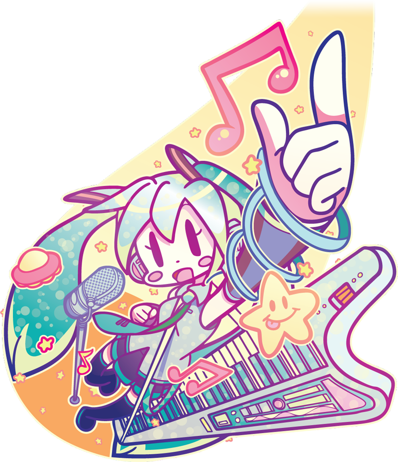 1girl aqua_hair blush_stickers boots detached_sleeves hatsune_miku instrument keytar mandi microphone musical_note pointing pointing_up skirt smile solo star thighhighs transparent_background twintails ufo vocaloid |_|