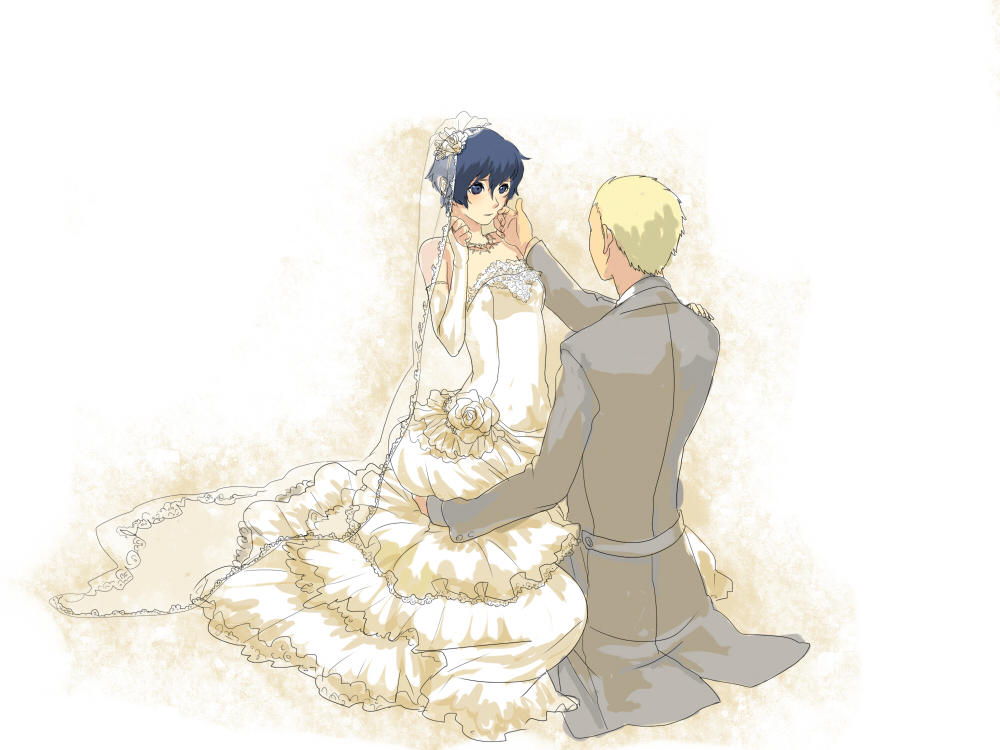 1girl blonde_hair blue_eyes blue_hair blush bridal_veil bride couple dress elbow_gloves gloves koredemoka persona persona_4 shirogane_naoto short_hair tatsumi_kanji tuxedo veil wedding wedding_dress