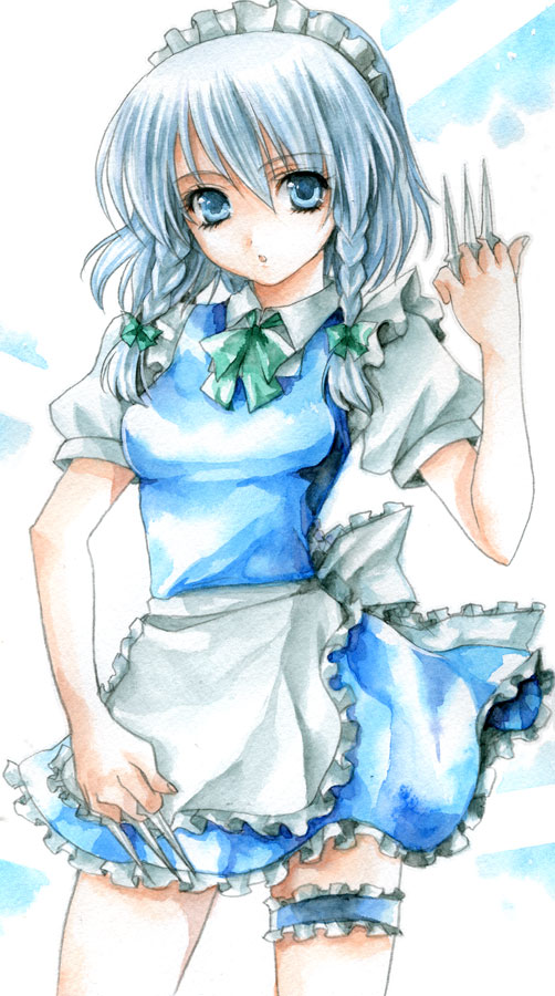 braid fragran0live izayoi_sakuya knives maid silver_hair touhou traditional_media watercolor_(medium)