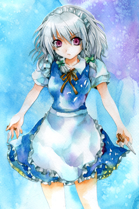 fragran0live izayoi_sakuya knives maid red_eyes silver_hair touhou traditional_media watercolor_(medium)