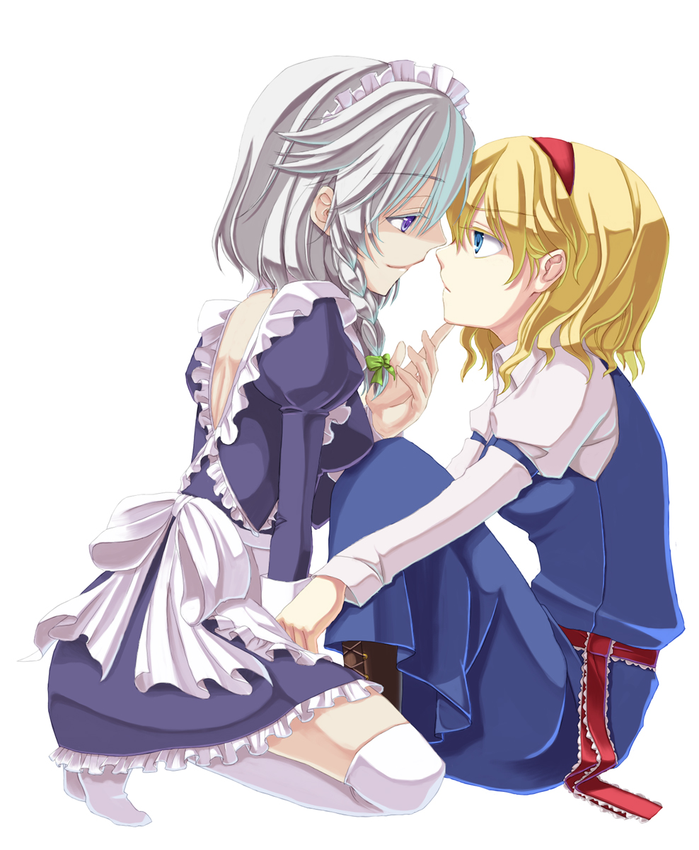 alice_margatroid bad_id blonde_hair blue_eyes braid colored_eyelashes eye_contact eyelashes face-to-face hairband highres izayoi_sakuya kneeling megumiya multiple_girls popi_(pixiv) profile purple_eyes short_hair silver_hair sitting thigh-highs thighhighs touching touhou violet_eyes yuri