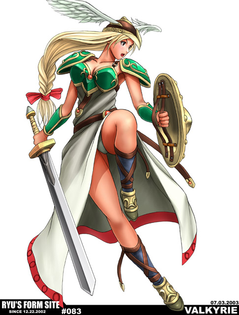 1girl 2003 armor armored_dress blonde_hair bow braid character_name cleavage fighting_stance full_body hair_bow hair_ribbon hat helmet holding holding_sword holding_weapon leg_lift long_hair low_braid open_mouth ribbon ryu_(artist) shield shoulder_armor simple_background solo sword valkyrie valkyrie_(vnd) valkyrie_no_densetsu vambraces weapon white_background winged_helmet