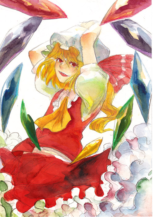 ebi_(daidalwave) ebi_(pixiv) flandre_scarlet hat ribbon touhou traditional_media watercolor_(medium)