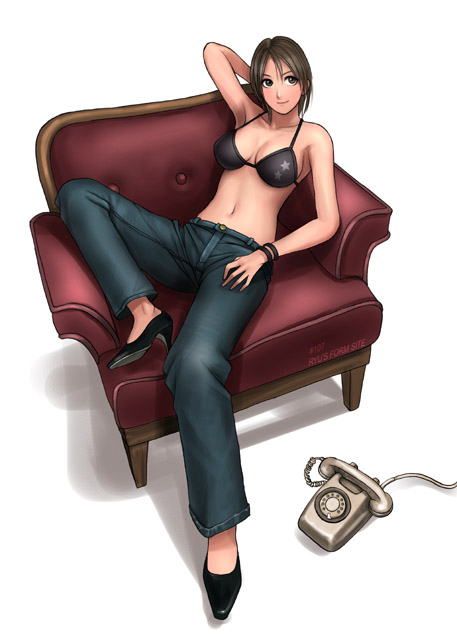 1girl arm_up bare_arms bare_shoulders black_footwear black_shoes bracelet breasts brown_eyes brown_hair chair cleavage closed_mouth full_body hand_on_thigh high_heels jeans jewelry midriff navel no_socks pants phone ryu_(artist) shoes short_hair smile solo