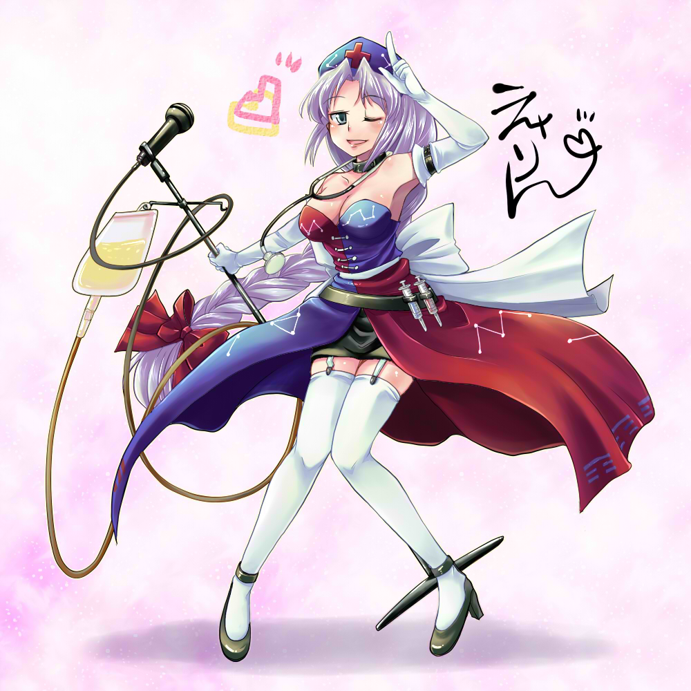 breasts character_name cleavage elbow_gloves garters gloves high_heels idol intravenous_drip long_hair microphone microphone_stand mikagami_hiyori nurse shoes stethoscope syringe thigh-highs thighhighs touhou white_gloves wink yagokoro_eirin