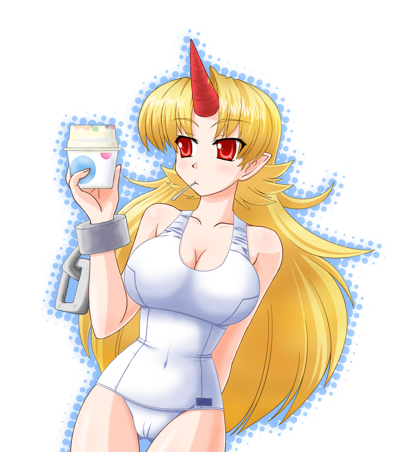 breasts cleavage cuffs horn horns hoshiguma_yuugi long_hair mouth_hold nishin nishindoh one-piece_swimsuit pointy_ears red_eyes school_swimsuit shackles swimsuit touhou white_school_swimsuit