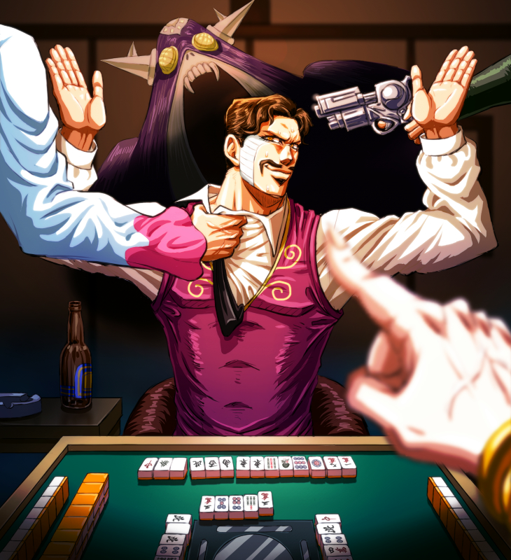 1boy aiming ashtray assate blurry board_game bottle brown_eyes brown_hair clothes_grab cream_(stand) daniel_d'arby depth_of_field dio_brando emperor_(stand) facial_hair facial_mark finger_on_trigger gun hands_up jojo_no_kimyou_na_bouken mahjong mustache necktie pointing pov smile solo_focus stand_(jojo) tattoo terence_trent_d'arby vest weapon