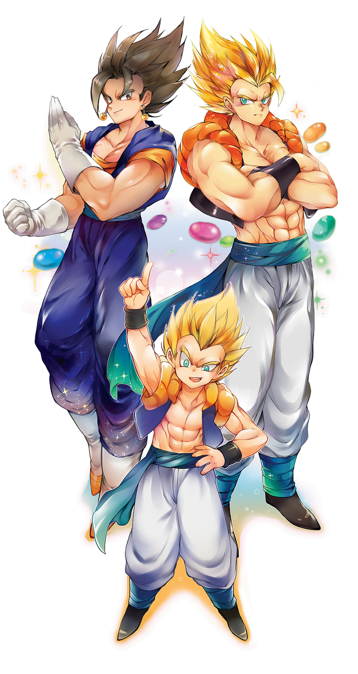 ayo_(isy8800) bare_chest black_hair blonde_hair boots brown_eyes crossed_arms dougi dragon_ball dragon_ball_z earrings gloves gogeta gotenks green_eyes highres jewelry potara_earrings sparkle super_saiyan time_paradox vegetto vest white_boots white_gloves wristband
