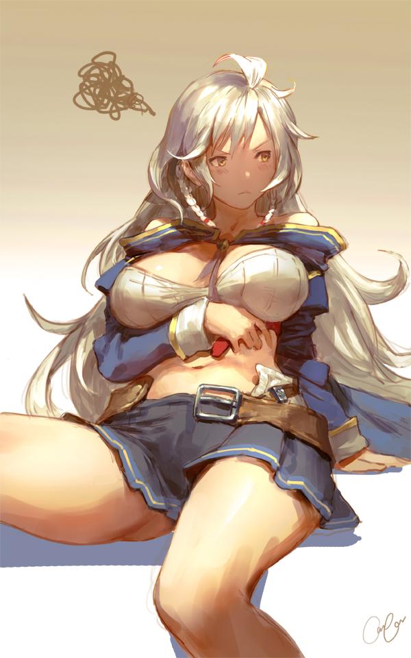 1girl ahoge arm_support bangs bare_shoulders belt black_skirt blue_jacket breasts breasts_apart brown_eyes buckle cancer_(zjcconan) frown gradient gradient_background granblue_fantasy hand_on_own_stomach jacket large_breasts long_hair long_sleeves looking_away looking_to_the_side midriff miniskirt navel off_shoulder open_clothes open_jacket reclining signature silva_(granblue_fantasy) silver_hair skirt solo squiggle unbuckled_belt