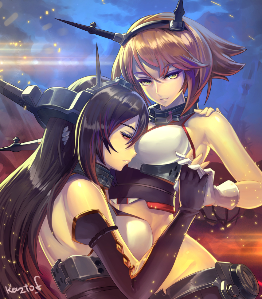 2girls artist_name bare_shoulders black_gloves black_hair breasts brown_eyes brown_hair elbow_gloves embers eyelashes gloves hairband hand_on_another's_head hand_on_another's_shoulder head_on_chest headgear holding_hands interlocked_fingers kantai_collection kazto_furuya large_breasts light_rays light_smile long_hair looking_at_another looking_at_viewer midriff multiple_girls mutsu_(kantai_collection) nagato_(kantai_collection) parted_lips red_eyes short_hair signature skirt tsurime upper_body white_gloves yuri