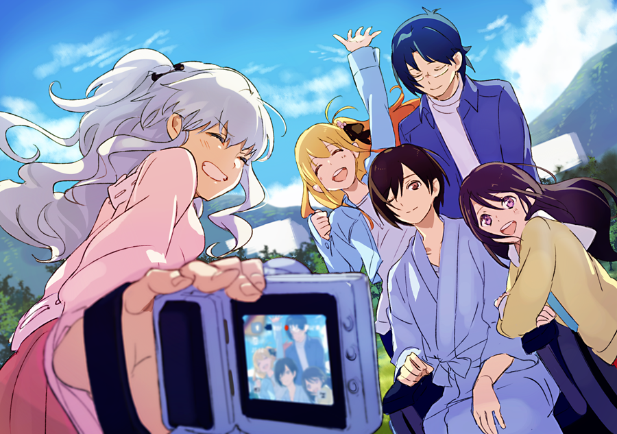 2boys 3girls :d ^_^ bangs black_hair blonde_hair blue_hair blue_jacket blue_sky brown_eyes camcorder charlotte_(anime) clenched_hand closed_eyes crossed_arms facing_viewer foreshortening glasses grin hair_ribbon hand_on_lap hill holding hospital_gown ichinose777 jacket long_hair long_sleeves looking_at_viewer multiple_boys multiple_girls nishimori_yusa one_eye_closed open_clothes open_jacket open_mouth otosaka_ayumi otosaka_yuu outdoors outstretched_arm outstretched_hand recording ribbon robe self_shot short_hair silver_hair sitting sky smile standing sweater takajou_joujirou tomori_nao two_side_up violet_eyes waving wheelchair