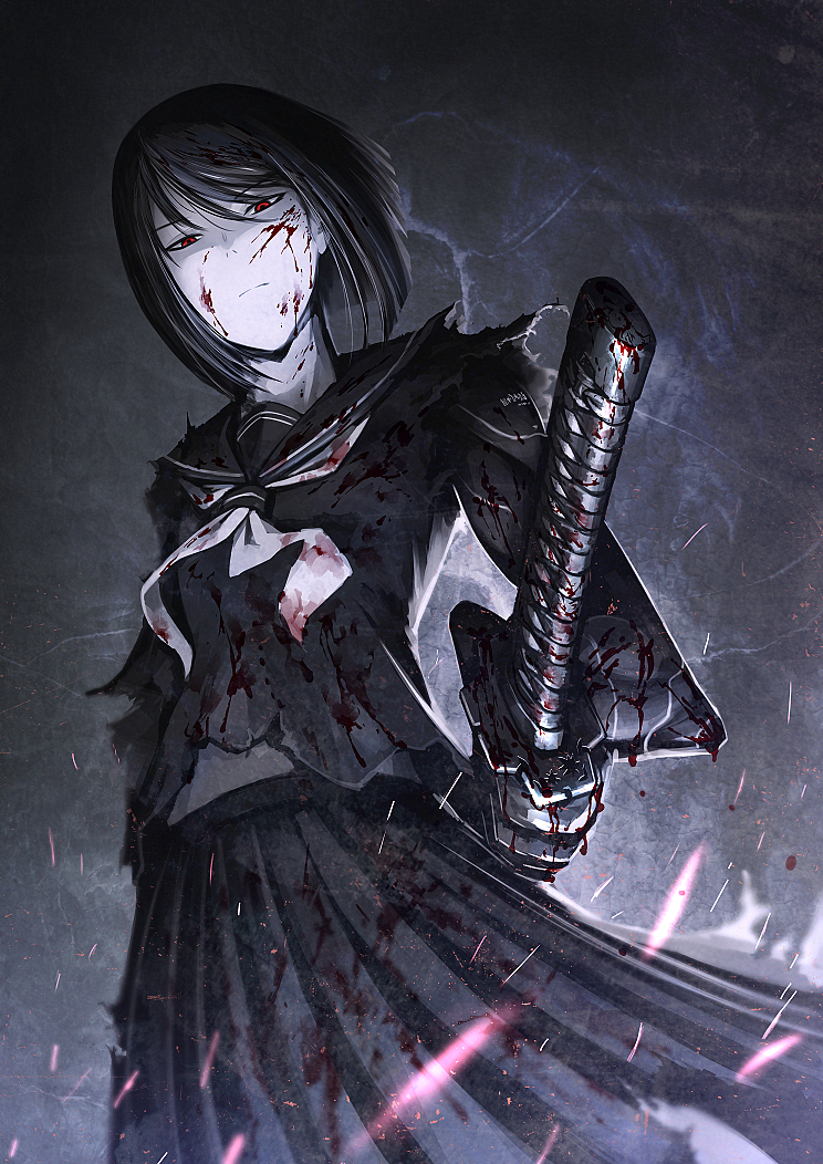 1girl black_hair blood blood_on_face blood_splatter bloody_clothes bob_cut electricity expressionless hetza_(hellshock) katana looking_at_viewer mechanical_arm original pleated_skirt red_eyes school_uniform serafuku short_hair skirt solo sparks sword torn_clothes weapon