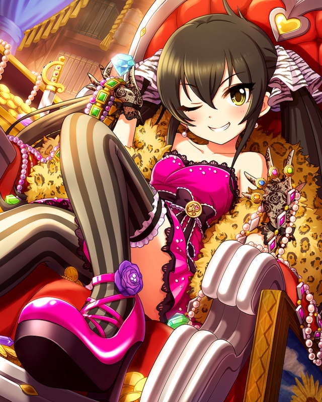 1girl artist_request black_hair dress earrings feather_boa gloves hair_ribbon idolmaster idolmaster_cinderella_girls jewelry matoba_risa necklace official_art one_eye_closed ribbon ring strapless_dress striped striped_legwear thigh-highs twintails yellow_eyes