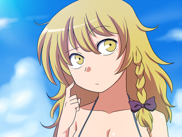 1girl alternate_costume amazon_(taitaitaira) anime_coloring bikini blonde_hair braid cocked_eyebrow collarbone fingernails hair_ribbon kirisame_marisa messy_hair ribbon single_braid swimsuit thinking touhou tress_ribbon yellow_eyes