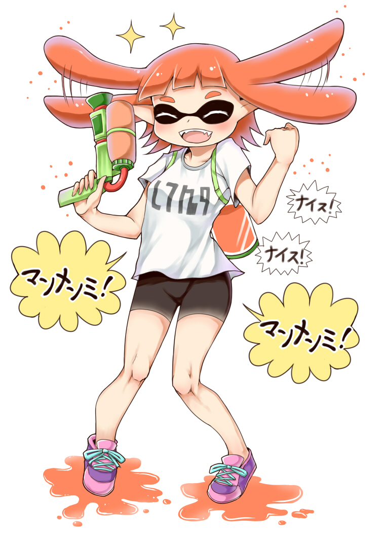 1girl bike_shorts closed_eyes commentary commentary_request container domino_mask fangs flapping full_body happy holding inkling long_hair mask orange_hair paint_splatter pointy_ears ryokuyou_(greencosmos) shoes sneakers sparkle splatoon standing super_soaker t-shirt tentacle_hair translated white_background