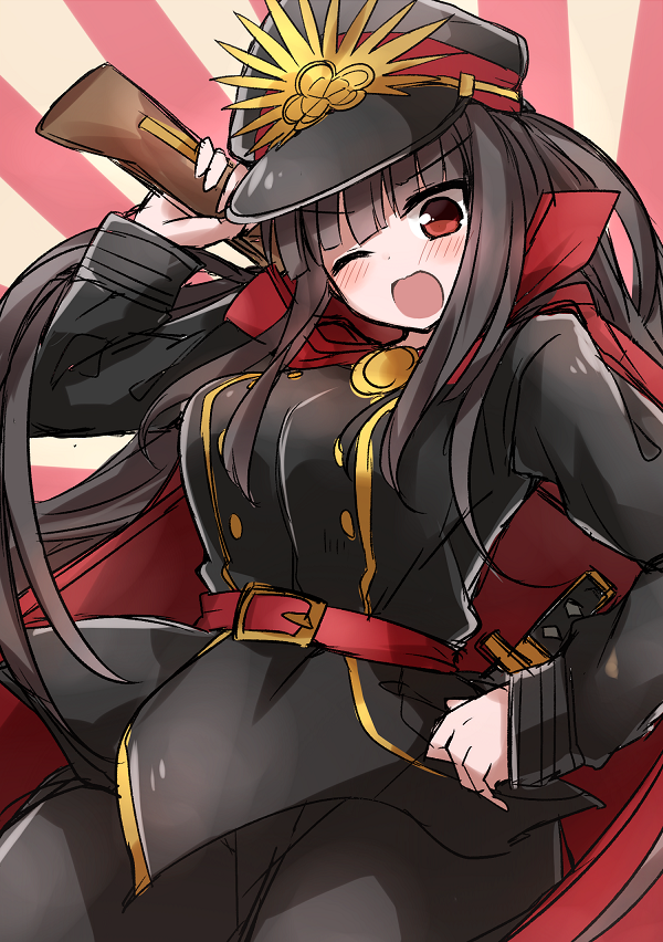 ;d belt black_hair blush breasts cape commentary_request demon_archer fate/grand_order fate_(series) hand_on_hip hat katana koha-ace large_breasts long_hair military military_uniform ohitashi_netsurou one_eye_closed open_mouth peaked_cap red_eyes smile sunburst sword uniform very_long_hair weapon