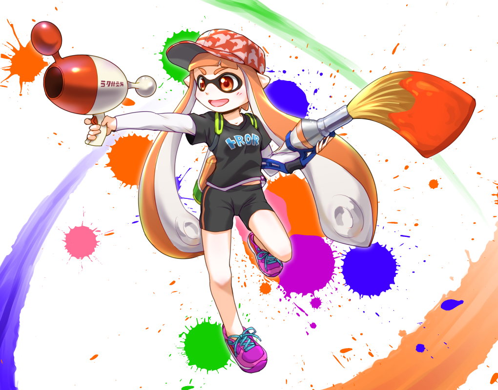 1girl baseball_cap bike_shorts blush camouflage container domino_mask dual_wielding gun hat holding inkling layered_clothing leg_up long_hair long_sleeves mask open_mouth oversized_object paint_splatter paintbrush pointy_ears shoes short_sleeves smile sneakers solo splatoon standing t-shirt tentacle_hair weapon yagi_gojou
