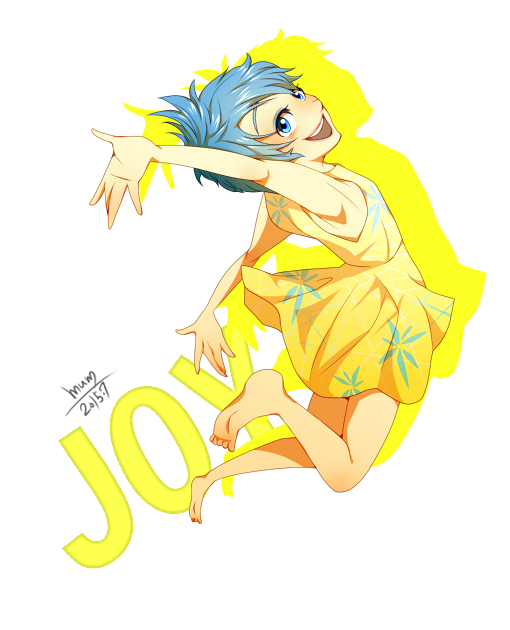 1girl barefoot blue_eyes blue_hair character_name disney inside_out joy_(inside_out) mum_(pixiv1182764) open_mouth personification pixar short_hair smile solo