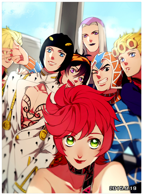 black_eyes black_hair black_lipstick blonde_hair blue_eyes bruno_bucciarati choker covering_eyes dated giorno_giovanna green_eyes grey_hair grin guido_mista hairband hat jojo_no_kimyou_na_bouken leone_abbachio lipstick long_hair makeup one_eye_closed pannacotta_fugo pink_hair rena_(renasight) self_shot short_hair smile trish_una vignetting violet_eyes zipper