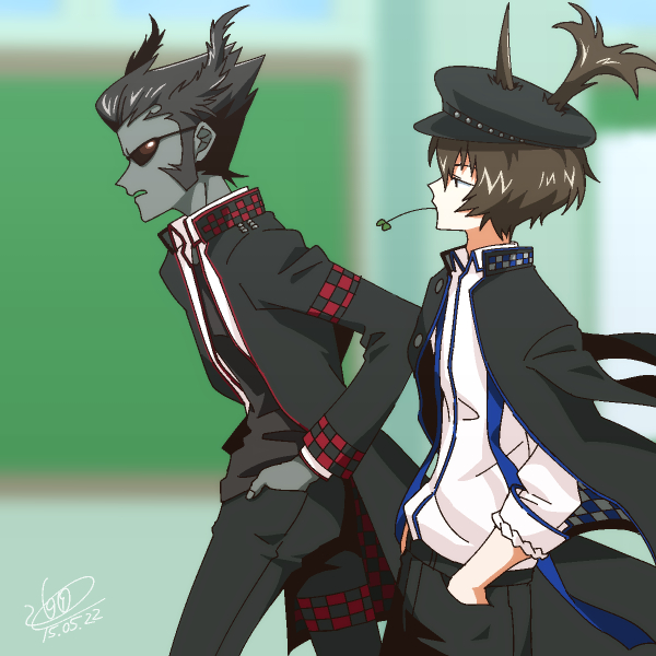 2boys artist_name black_hair brown_hair dated gakuran grey_skin hands_in_pockets hat jacket_on_shoulders kabutomoaki kuwagatatsuya male_focus multiple_boys peaked_cap personification school_uniform show_by_rock!! spiky_hair stalk_in_mouth straw_(stalk) sunglasses walking