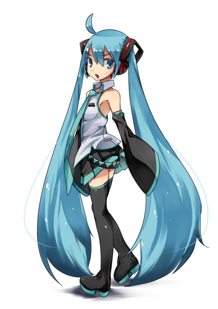 1girl aize armpits boots detached_sleeves green_eyes green_hair hatsune_miku headphones headset highres long_hair microphone necktie open_mouth shirt simple_background skirt sleeveless sleeveless_shirt sleeves_past_wrists solo standing thigh-highs thigh_boots very_long_hair vocaloid white_background