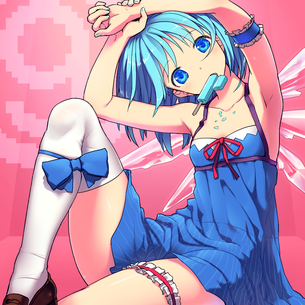 (9) 1girl arm_strap armpits arms_up blue_dress blue_eyes blue_hair cirno collarbone dress ice ice_wings kurobuta_gekkan leg_garter leg_ribbon looking_at_viewer mouth_hold pinstripe_pattern popsicle revision ribbon single_thighhigh sitting sleeveless sleeveless_dress solo spilling thigh-highs touhou white_legwear wings zettai_ryouiki