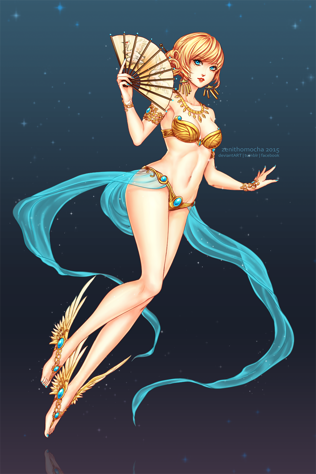 1girl anklet armlet barefoot barefoot_sandals bikini blonde_hair blue_eyes bracelet fan harem_outfit jewelry necklace omocha-san original shoes short_hair swimsuit tied_hair winged_shoes wings